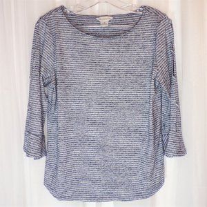 Liz Claiborne Top Womens MEDIUM Blue White Striped Casual Unique Flared Sleeves